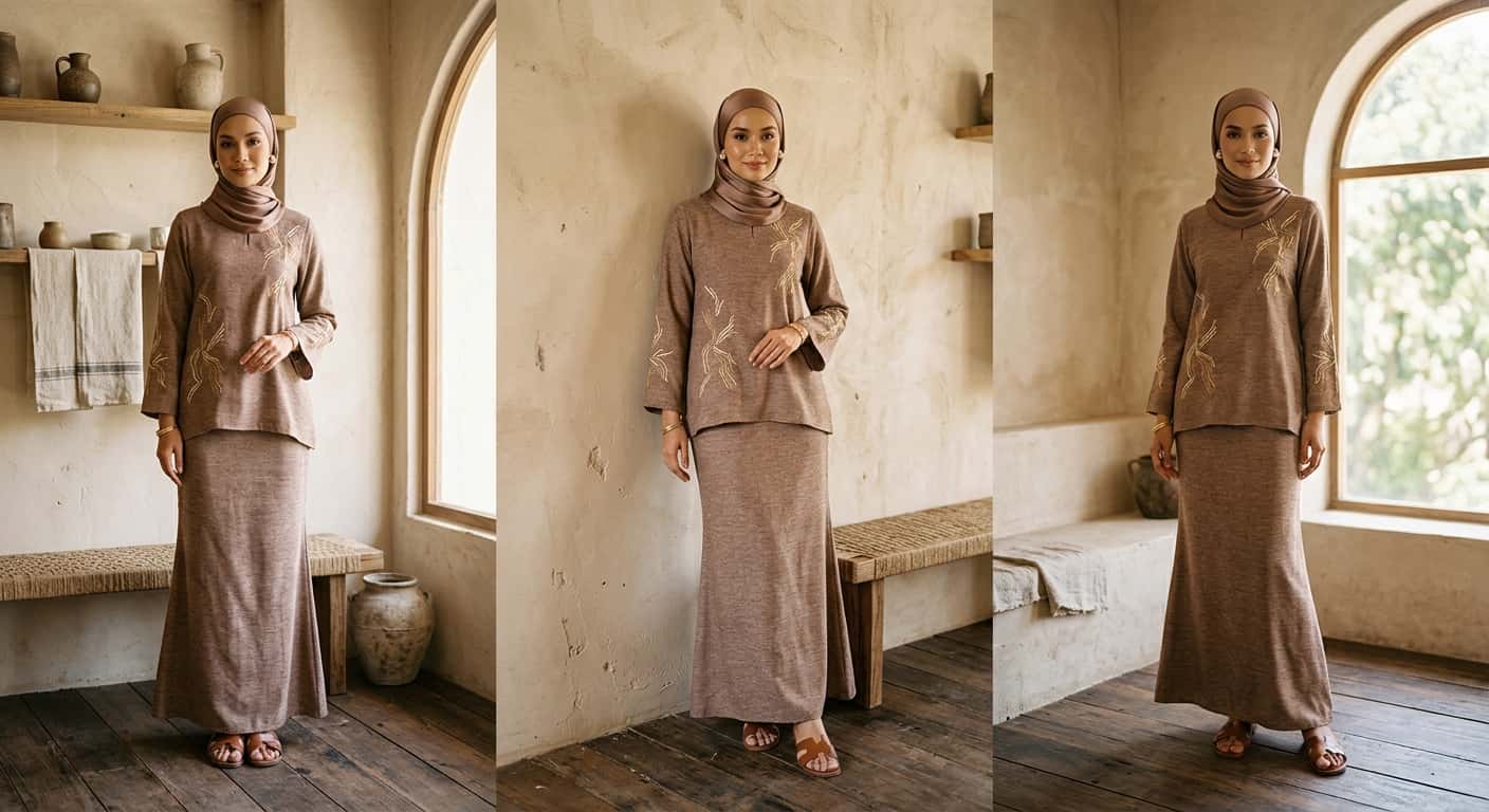 Tiga rupa baju kurung Maisara dalam warna mocha dan rosewood