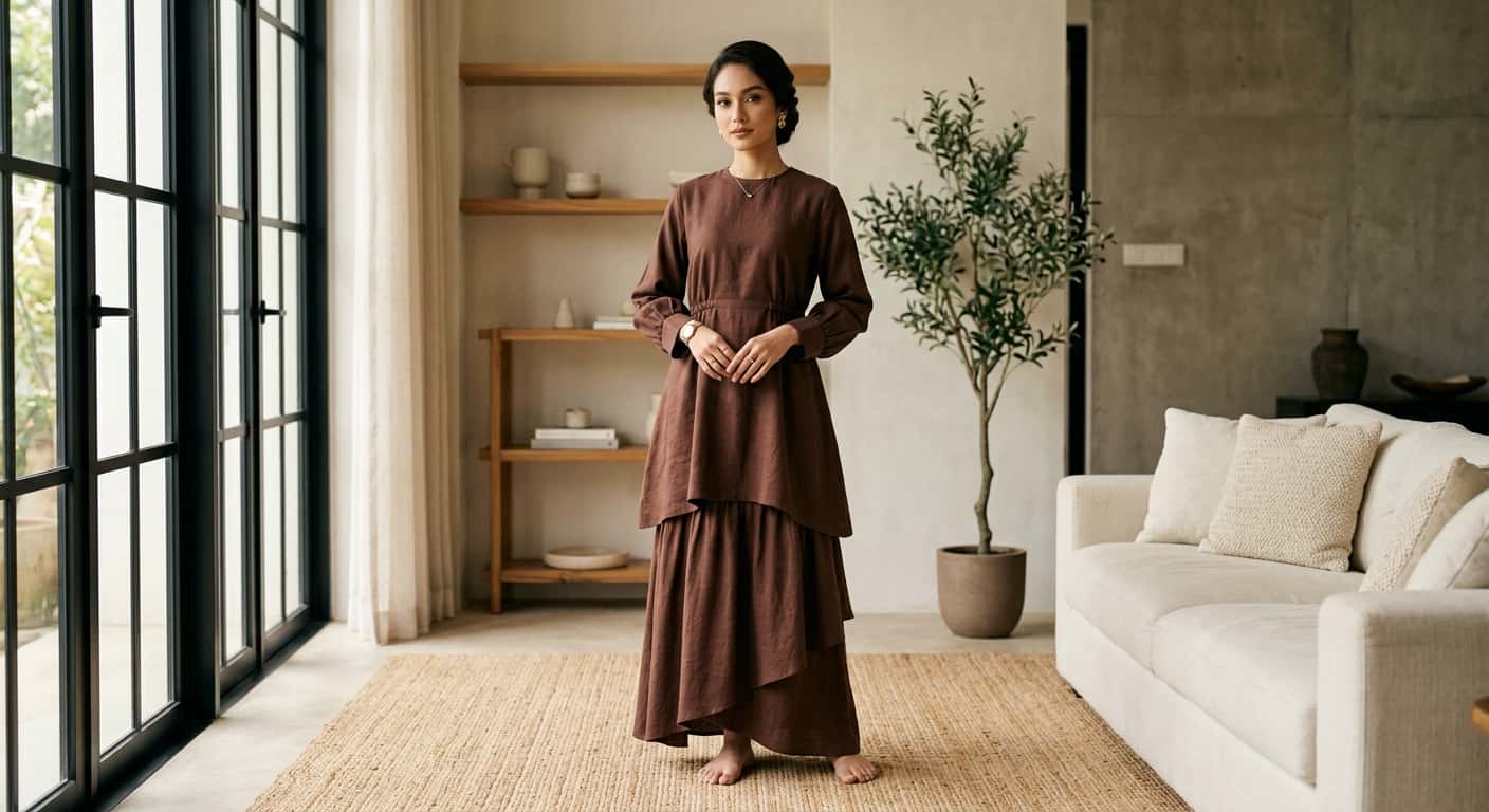 Model memakai set berlapis warna coklat Maisara di ruang yang terang